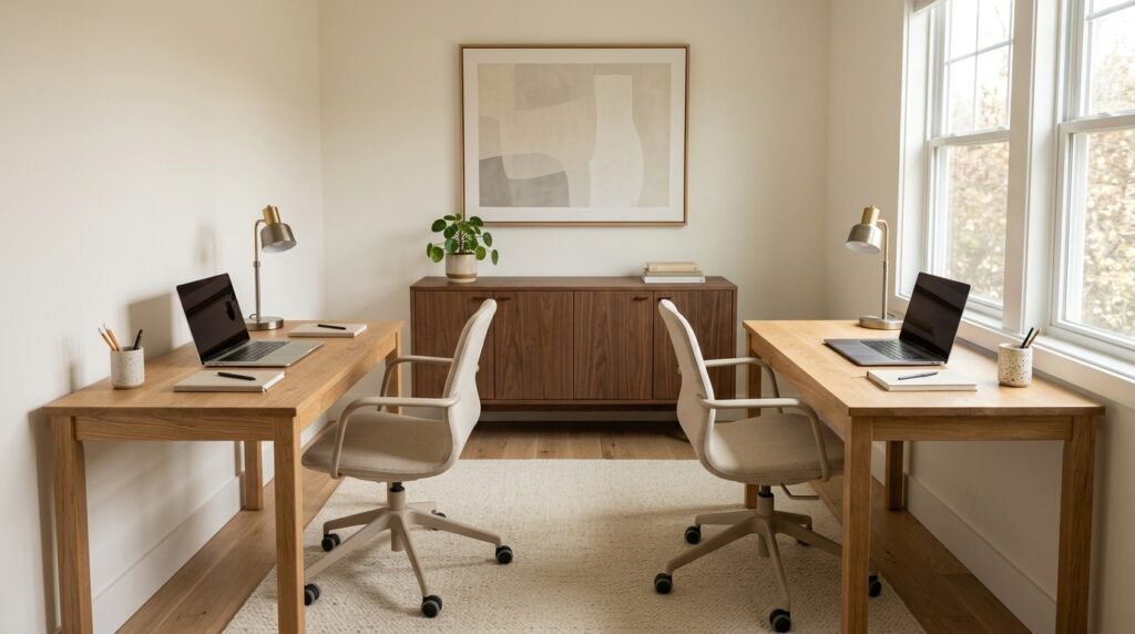 Two identical wooden desks facing each other in the center of a compact shared home office
