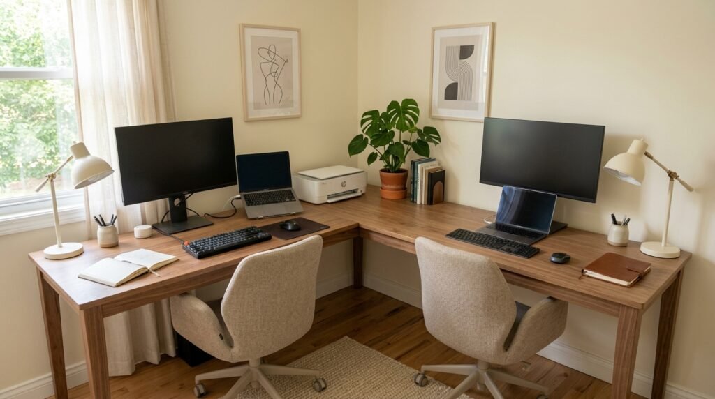 L-shaped light walnut corner desk setup with dual monitor workstations and a shared central printer