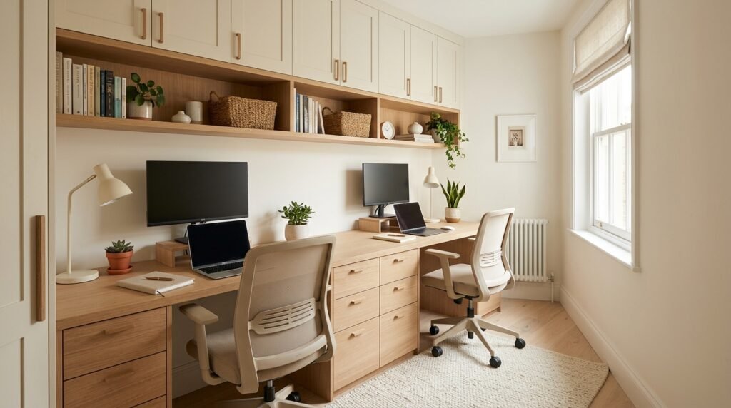 Custom built-in home office workstation with wall-to-wall desk, integrated drawers, and upper cabinetry