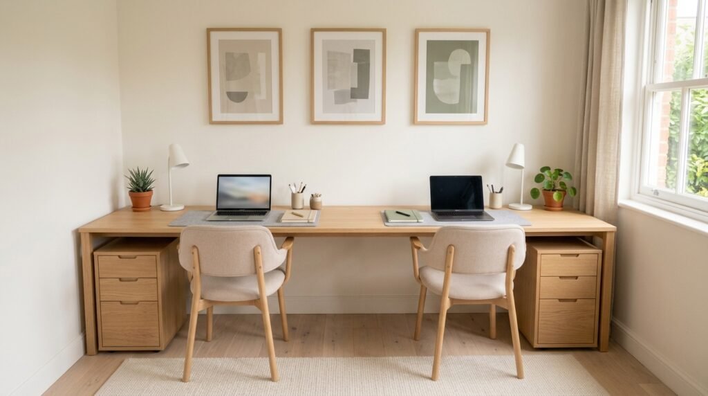 Long light oak shared desk with dedicated drawer units and organized workstations for two people