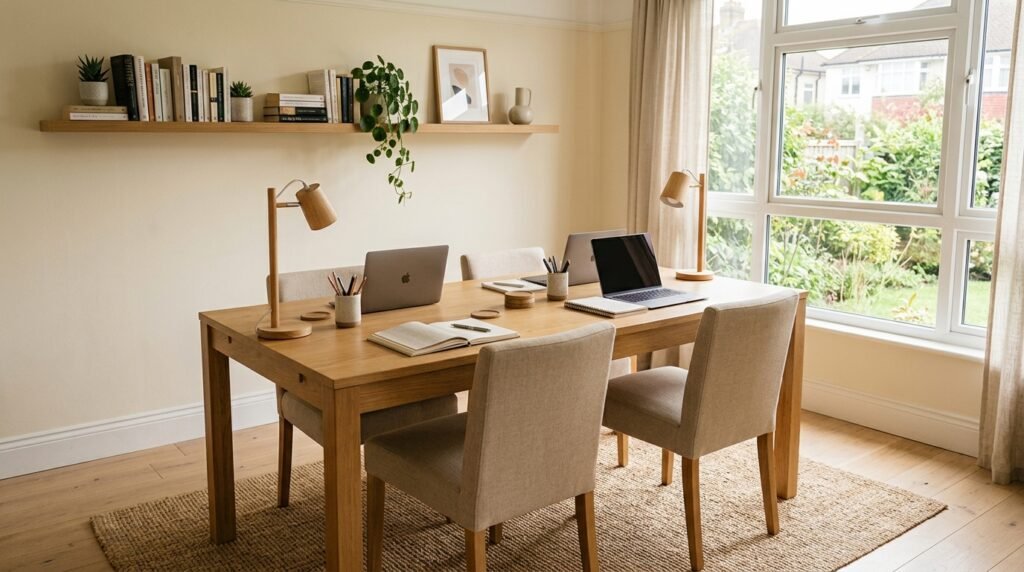 Multifunctional dining table set up as a two-person home office workspace with laptops and desk lamps