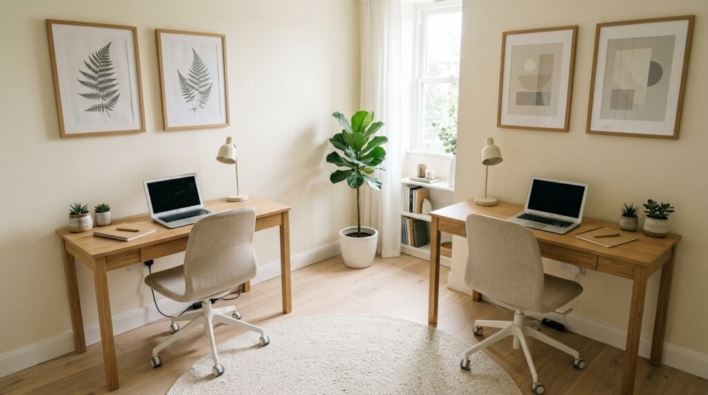Two-person home office layout with desks placed on separate adjoining walls for individual privacy