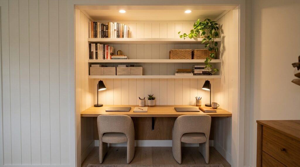 Closet nook converted into a compact two-person home office with a wide oak desk and upper shelving