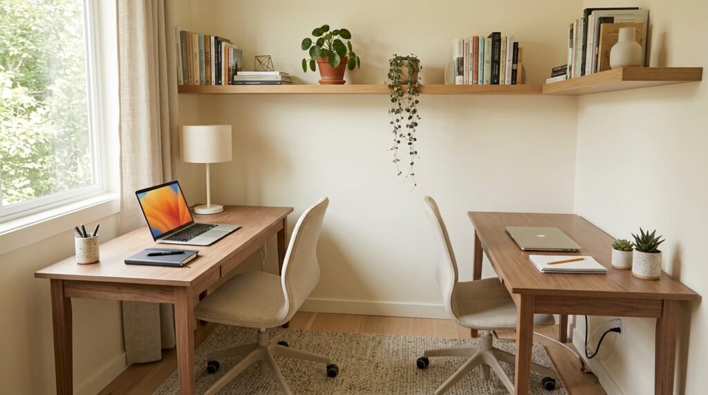 Two separate compact walnut desks positioned at right angles in an L-shaped layout with shared corner shelving