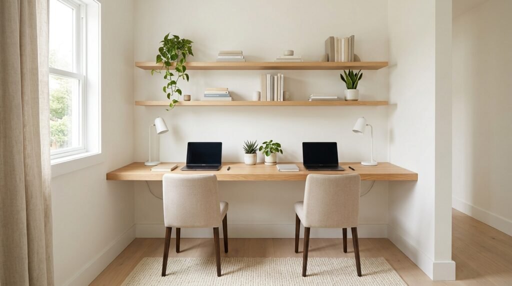 Wall-mounted floating oak desk for two people with floating shelves and open floor space below