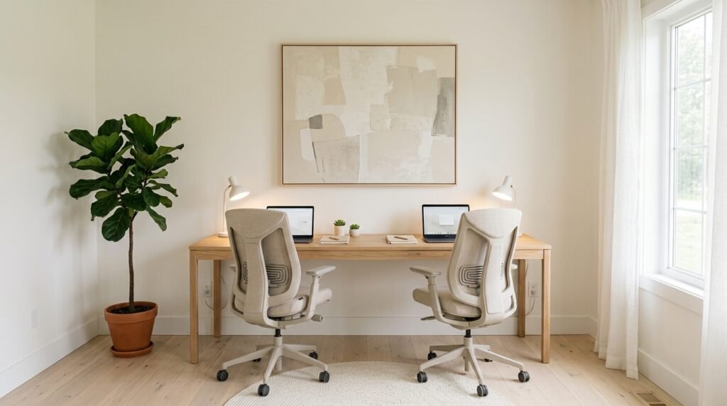 Clean minimalist two-person home office setup with a long white oak desk, ergonomic chairs, and minimal decor