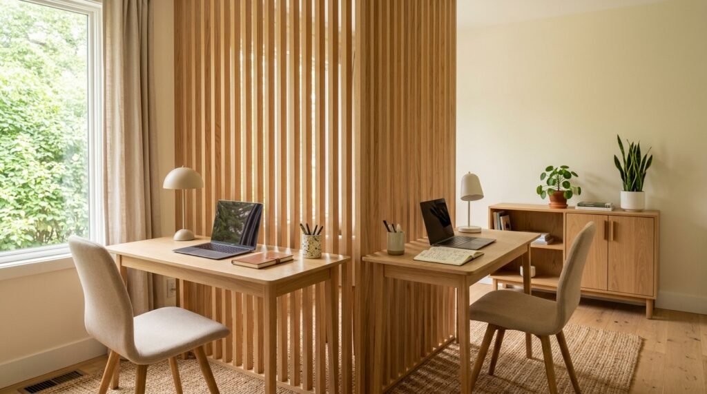 Two-person home office with workstations separated by a stylish vertical oak slatted room divider