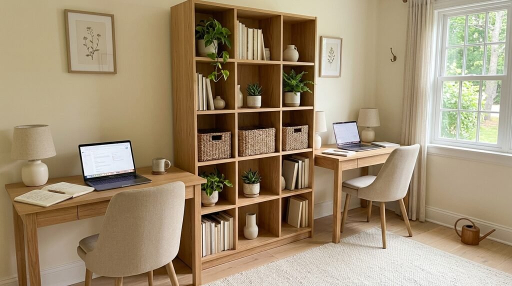 Open-backed double-sided bookshelf acting as a functional room divider between two home office desks