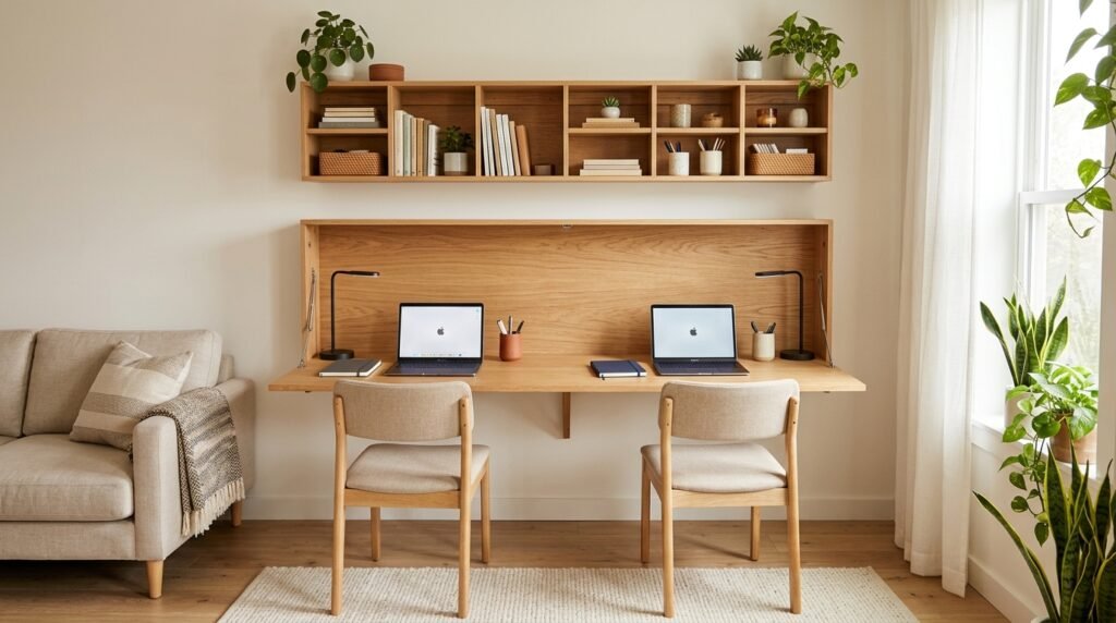 Space-saving wall-mounted fold-down desk for two people with built-in upper storage compartments