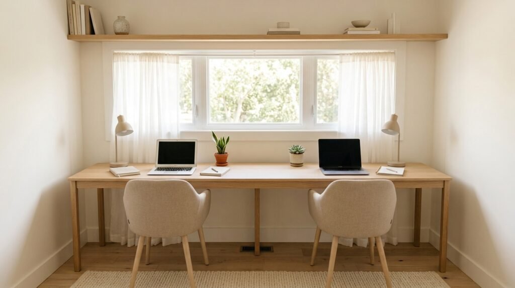 Bright two-person home office desk placed directly beneath a wide window with sheer curtains