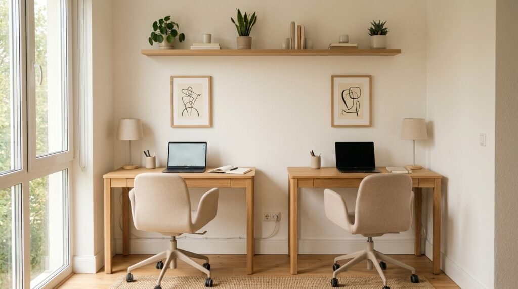 Two compact natural oak desks placed side by side with ergonomic beige chairs and matching minimalist wall decor in a shared home office