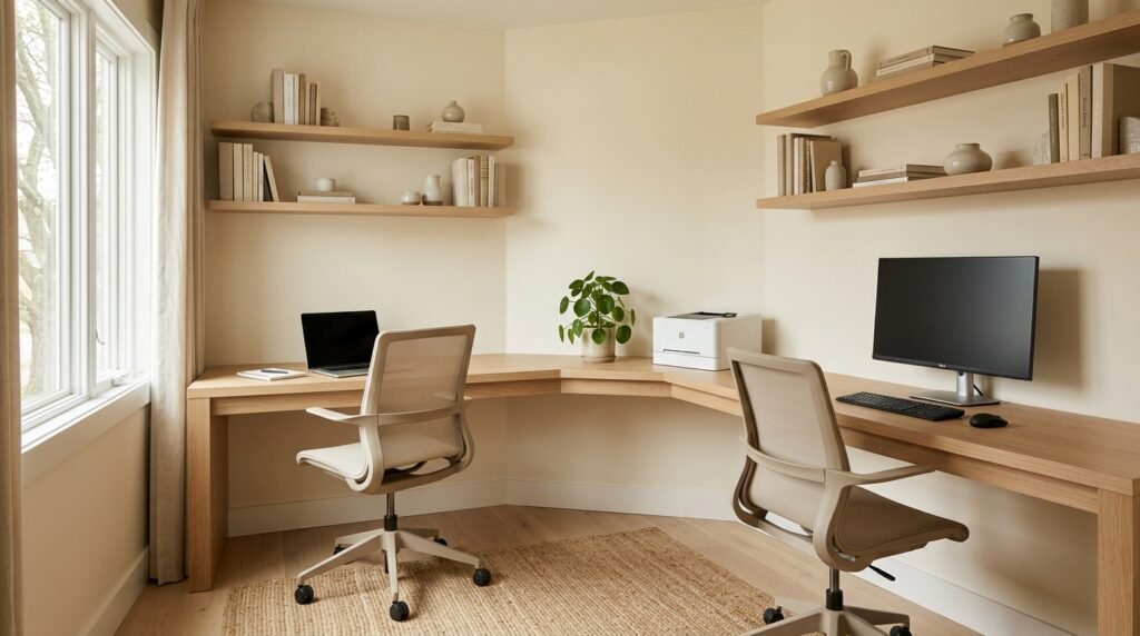 Built-in corner workstation with a wrap-around oak desktop providing separate work zones for two people
