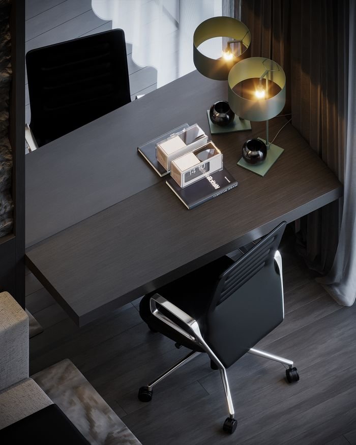 Stylish modern office setup with sleek desk, contemporary chair, and ambient lighting.
