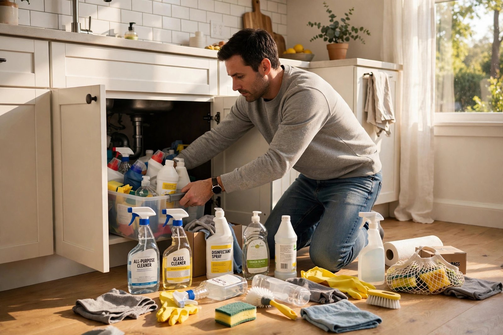 Person pulling cleaning supplies out from under a kitchen sink cabinet to declutter before organizing the space.
