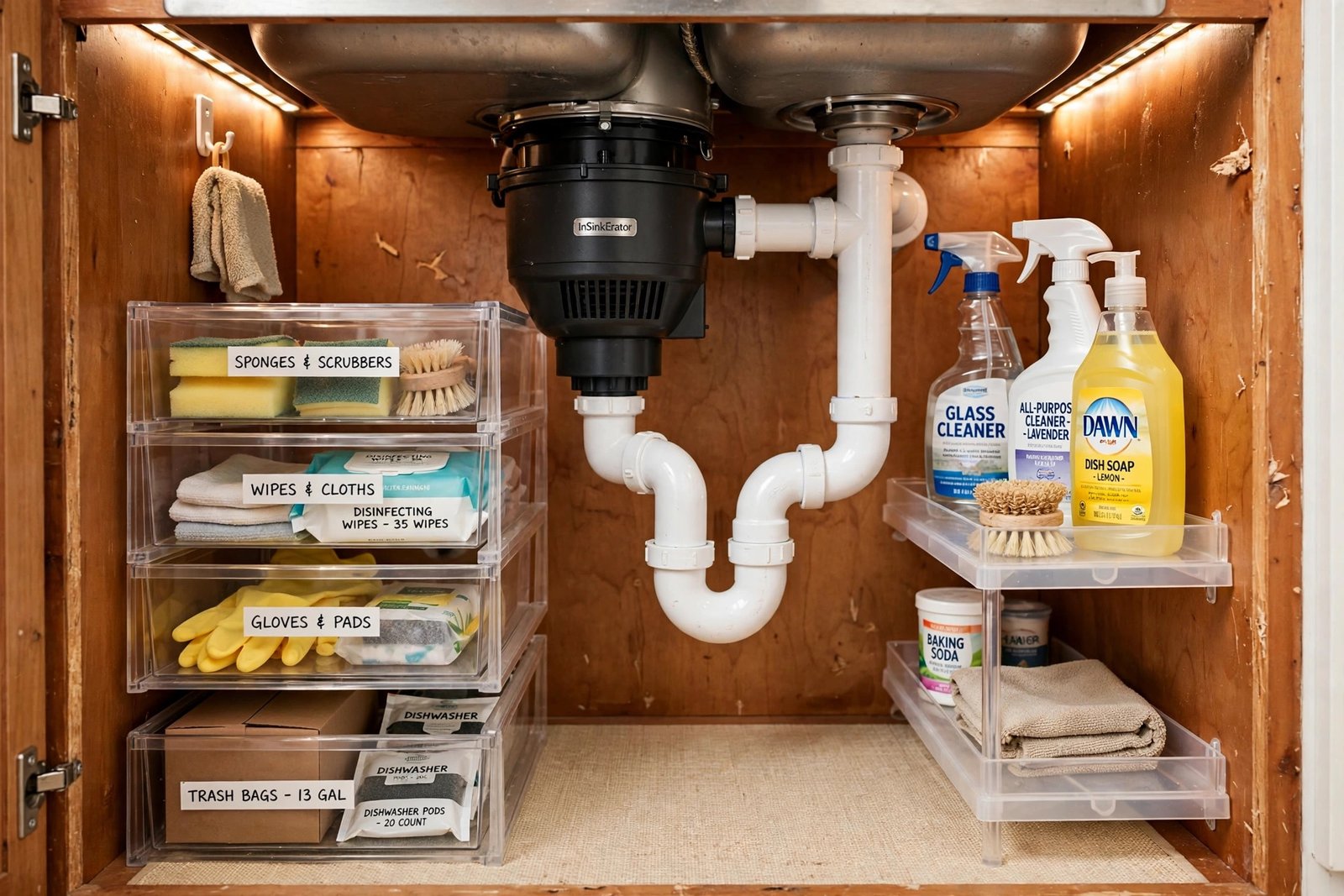 Under kitchen sink cabinet with stackable drawers and tiered shelves fitted neatly around white plumbing pipes and garbage disposal.