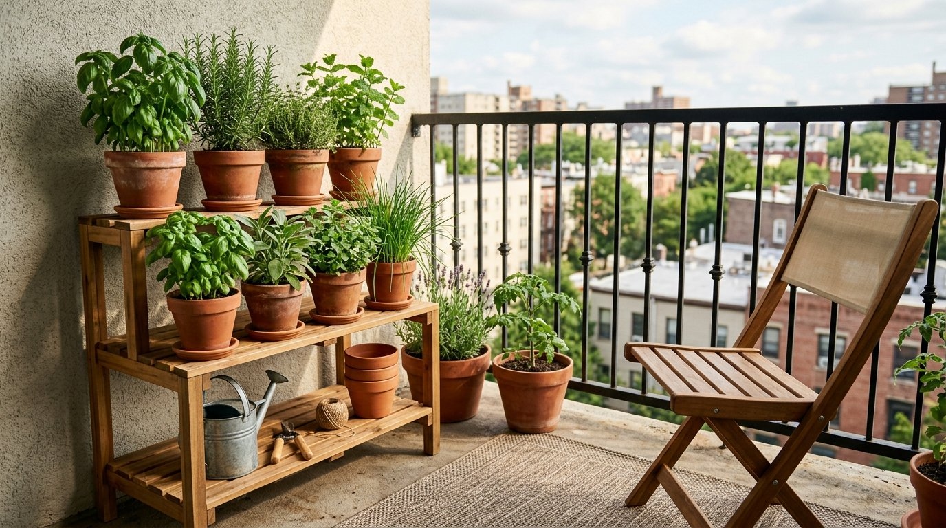 Three-tier wooden plant stand holding terracotta pots filled with fresh kitchen herbs on a sunny apartment balcony
