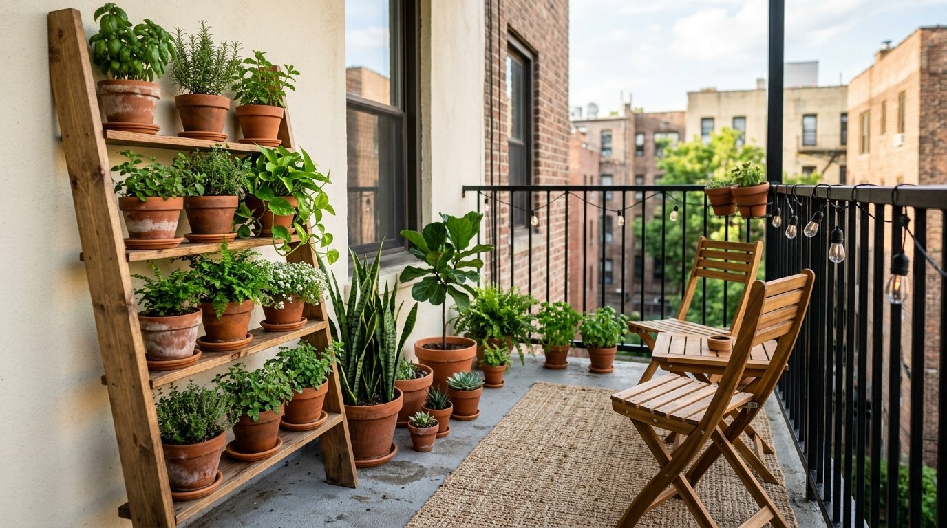 Freestanding wooden ladder plant shelf styled with terracotta potted herbs and greenery on an apartment balcony