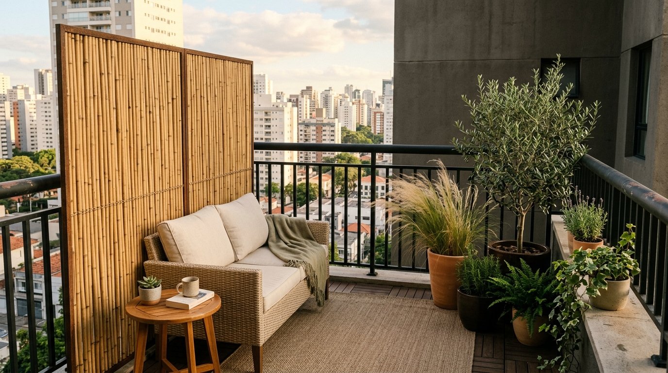 Freestanding natural bamboo privacy screen providing shade and seclusion beside an outdoor balcony loveseat