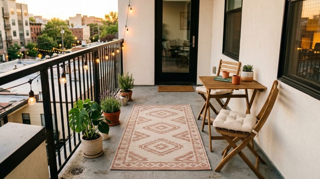 Small apartment balcony with a geometric outdoor runner rug, wooden bistro set, and warm string lights