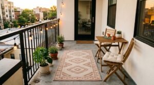 Small apartment balcony with a geometric outdoor runner rug, wooden bistro set, and warm string lights