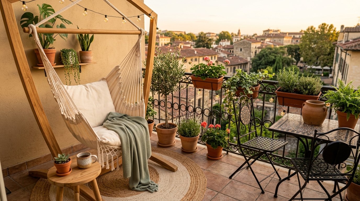 Freestanding wooden arch hammock chair with a cozy cream cushion positioned on an apartment balcony
