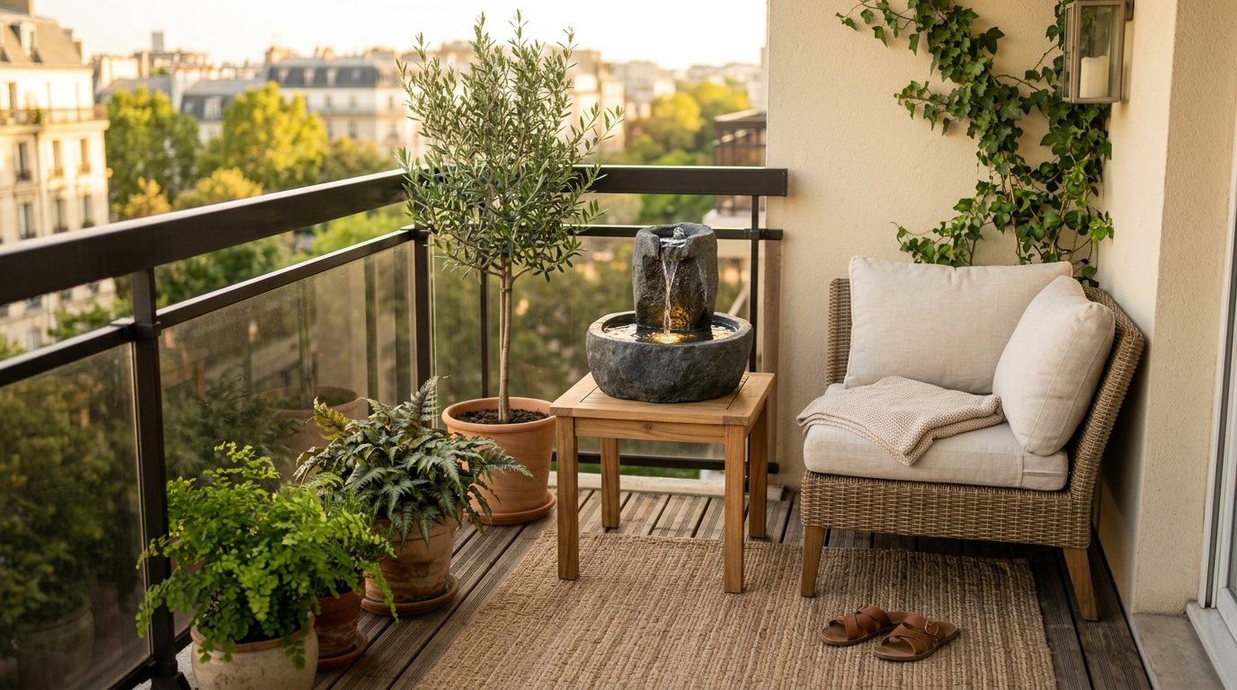 Compact tabletop stone water fountain placed on a wooden side table beside an outdoor balcony chair