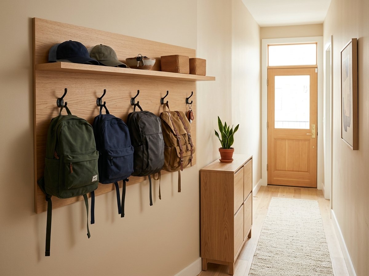 Space-saving wall-mounted oak panel with an upper display shelf, sturdy backpack hooks, and a narrow shoe cabinet
