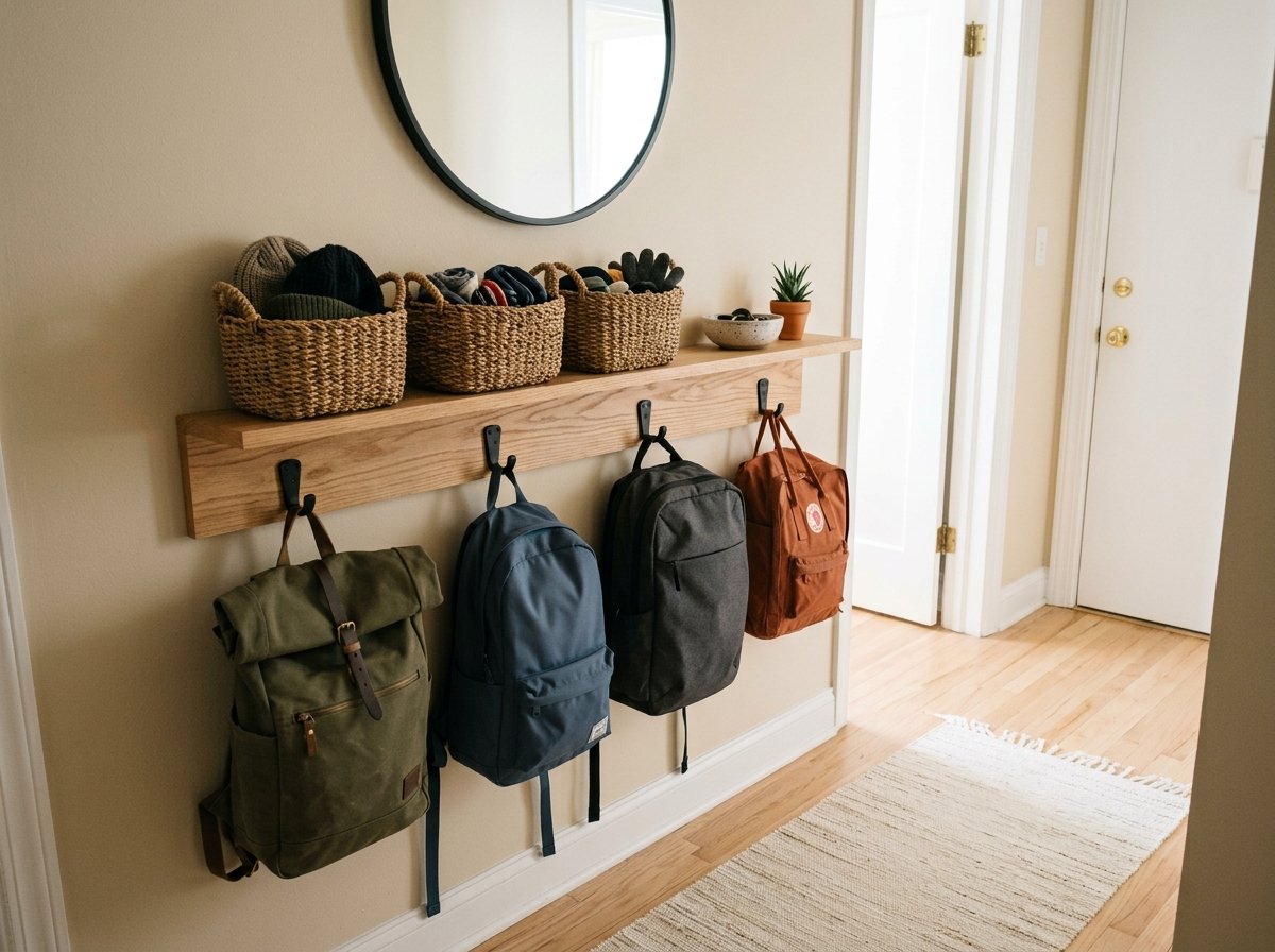Natural oak floating entryway shelf with storage baskets on top and sturdy hooks below holding backpacks