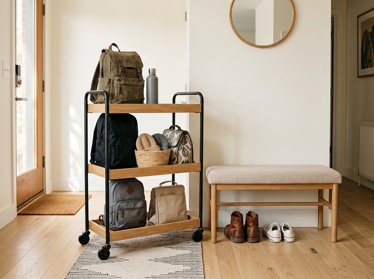 Three-tier mobile rolling storage cart holding backpacks, lunch bags, and water bottles next to an entryway bench