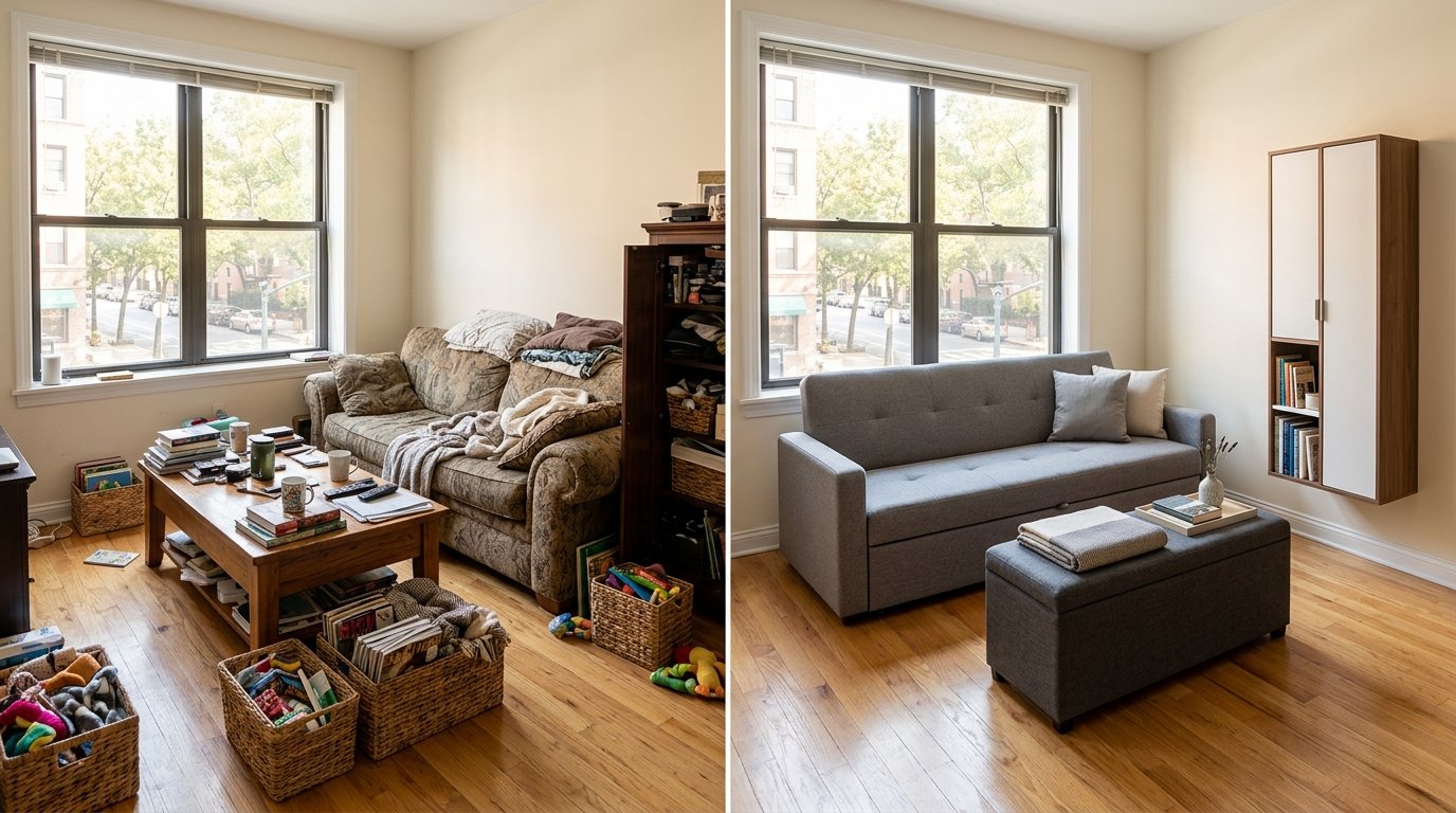 Before and after view of a cluttered apartment living room updated with multifunctional storage ottomans, hidden-storage sofa, and wall cabinets