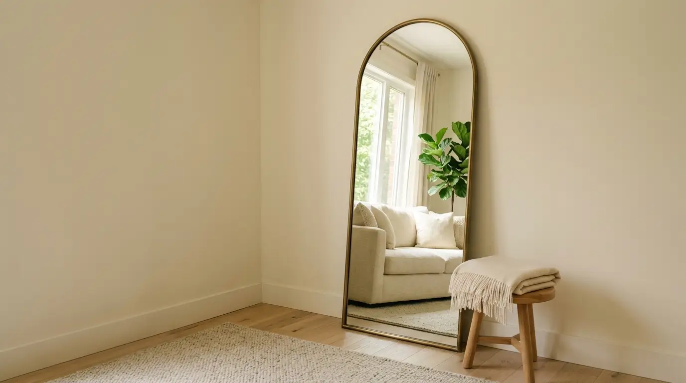 Full-height brass arched mirror leaning against a living room corner reflecting light and greenery