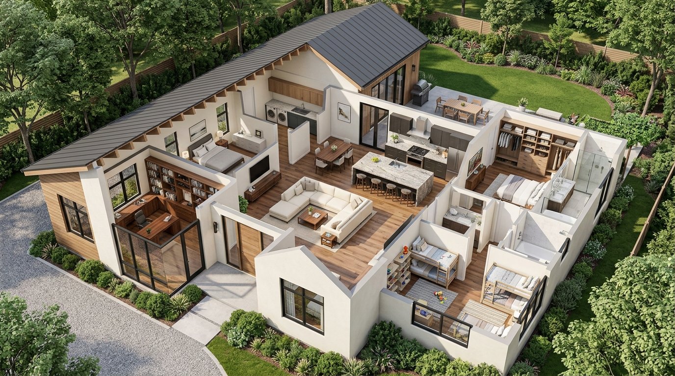 Single-story four-bedroom floor plan cutaway featuring a dedicated front home office with glass doors and built-in shelving