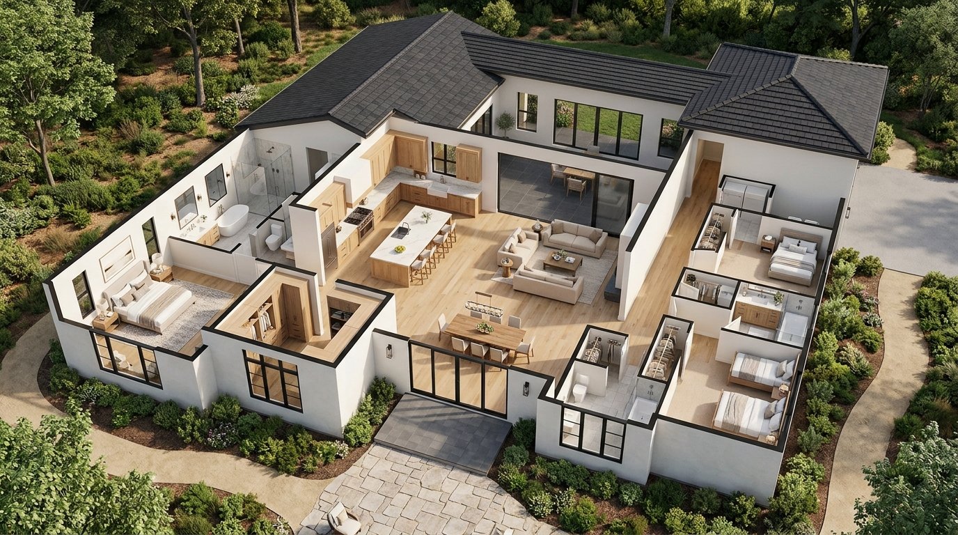3D architectural floor plan cutaway of a single-story split-bedroom home showing primary suite on the left and three bedrooms on the right