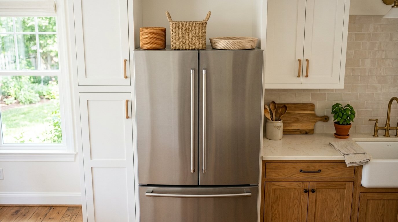 Three coordinating woven seagrass and rattan baskets in varying sizes arranged on top of a stainless steel refrigerator