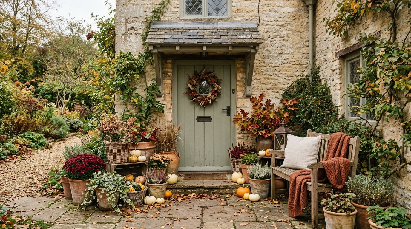 Stone English cottage front entrance decorated with vintage terracotta planters, heirloom pumpkins, and a wooden bench with knit throw