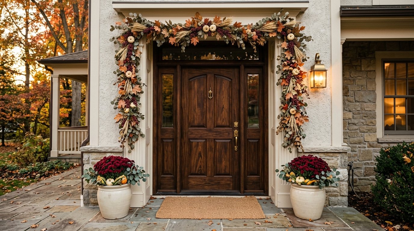 Lush autumn door garland composed of dried leaves, wheat, and berries framing a dark wooden front entrance
