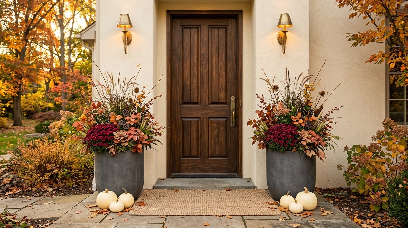 Front entrance flanked by two oversized tall concrete planters overflowing with fall foliage, mums, and dried seed heads