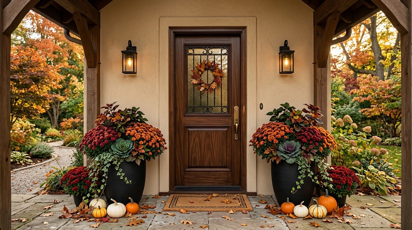 Front entrance framed by large black urn planters filled with lush blooming orange and burgundy chrysanthemums