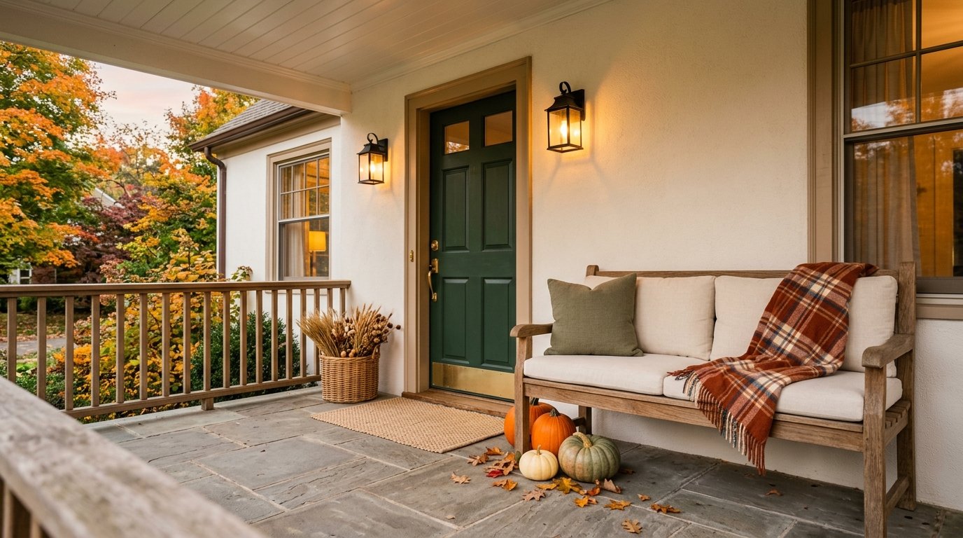 Covered front porch seating area with a natural wood bench styled with neutral cushions, a plaid throw blanket, and pumpkins