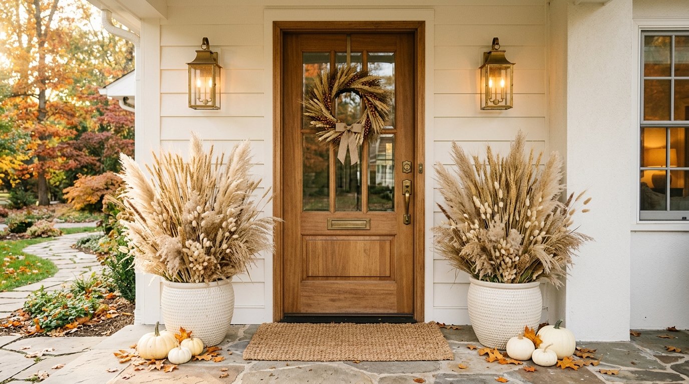 Textured white ceramic front porch urns filled with dried pampas grass, wheat stalks, and ornamental grasses