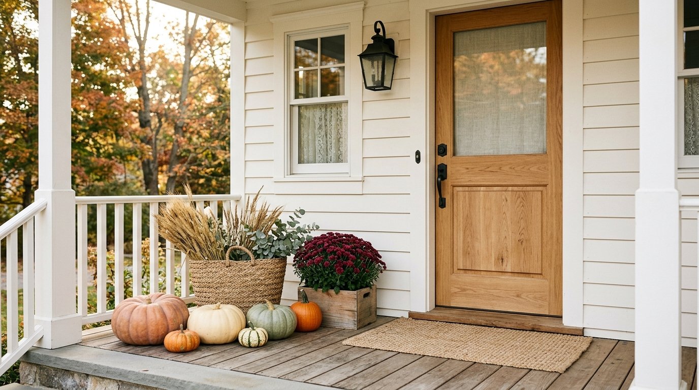 Minimalist front porch with a woven seagrass basket of dried wheat and eucalyptus, muted pumpkins, and a potted mum