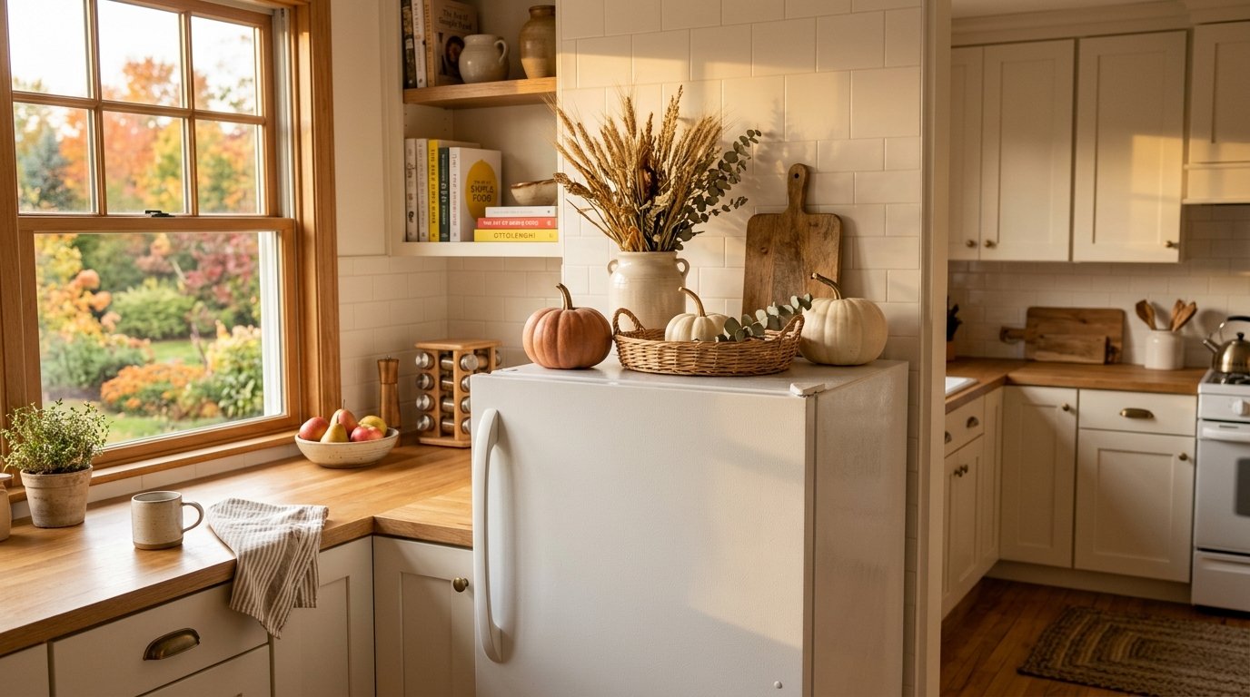 Cozy autumn kitchen styling above the refrigerator with white pumpkins, dried wheat in a vase, and a woven basket