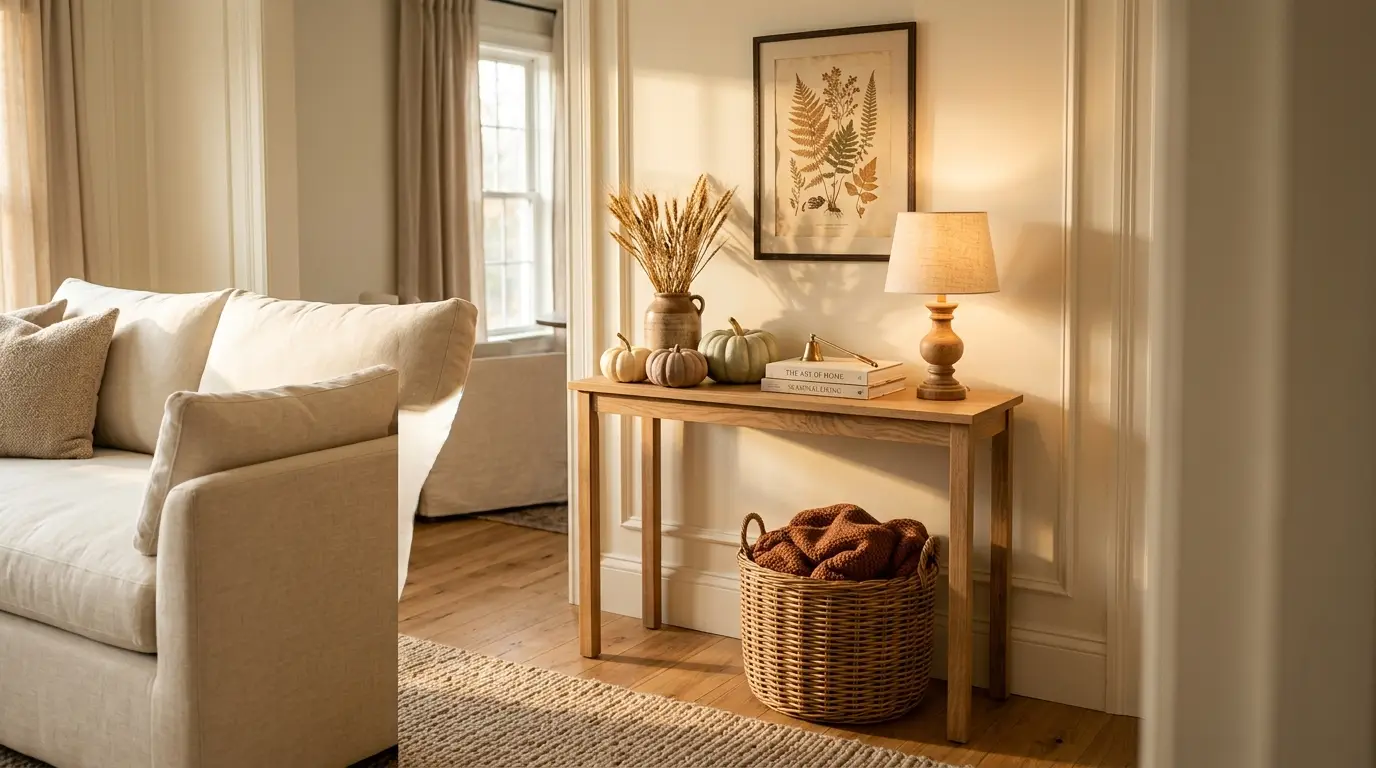 Cozy living room corner console styled for autumn with pumpkins, dried wheat, and warm lighting