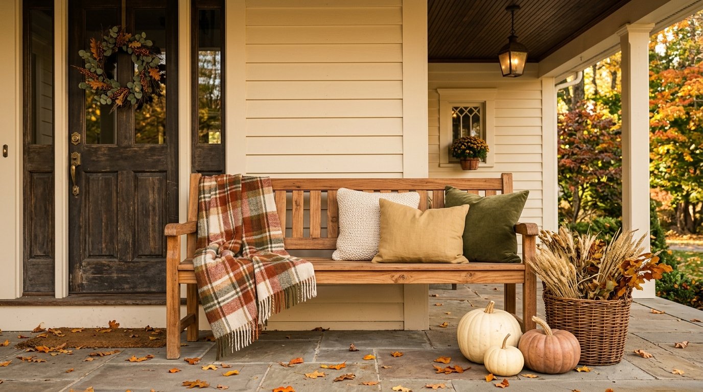Front porch wooden bench decorated for autumn with a warm plaid blanket, earth-toned throw pillows, and pumpkins