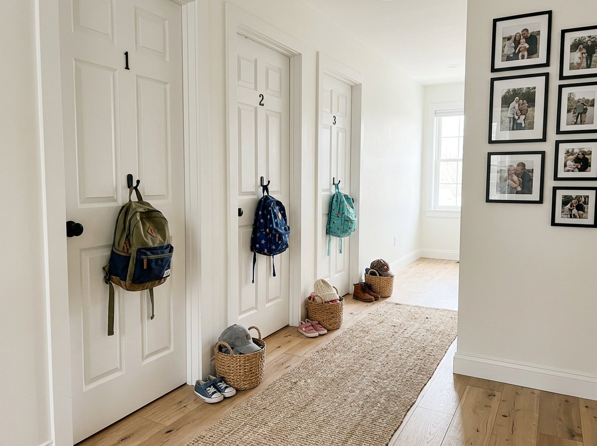 Hallway doors with numbered hooks holding individual backpacks and floor baskets for shoes