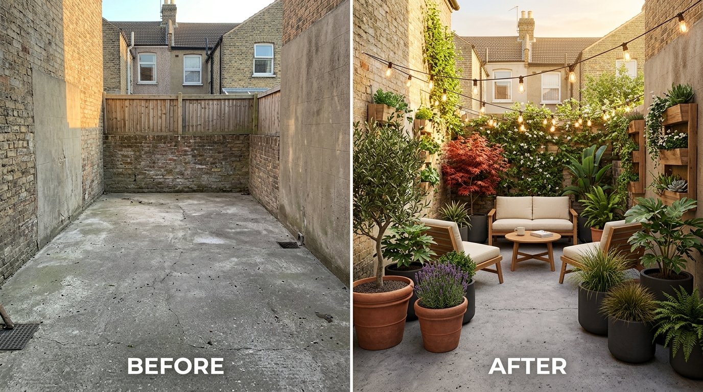 Before and after makeover of a stark concrete courtyard transformed into a lush plant-filled outdoor lounge using potted trees and string lights