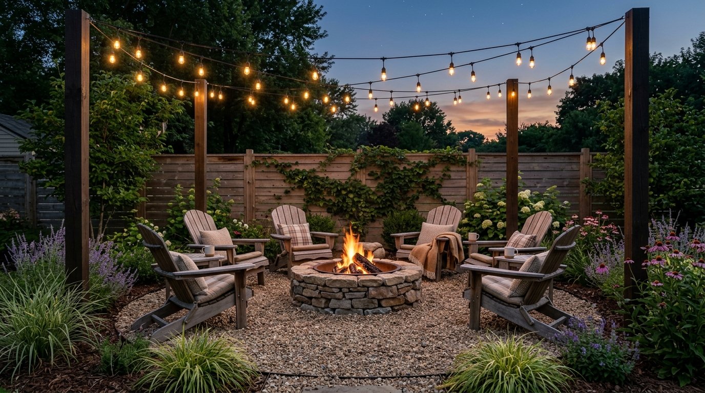 Cozy stone fire pit patio illuminated at dusk by warm overhead string lights suspended between cedar posts