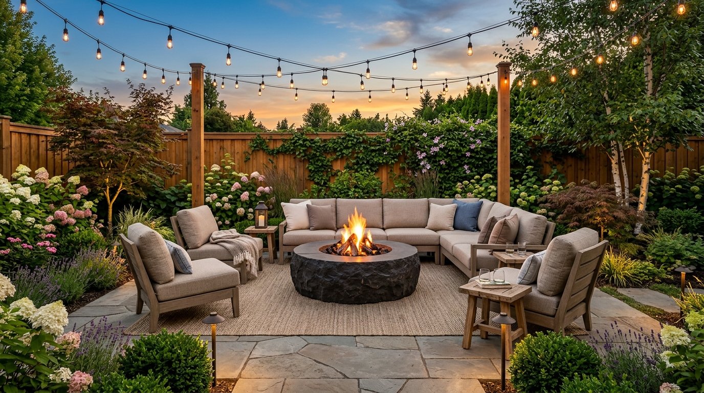 Luxurious outdoor living room patio centered around a large circular stone fire pit with sectional seating and ambient string lights