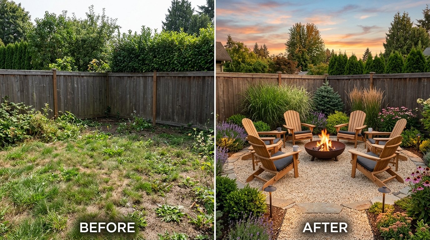 Before and after makeover of an unused lawn corner into a cozy circular stone fire pit patio with wooden Adirondack chairs