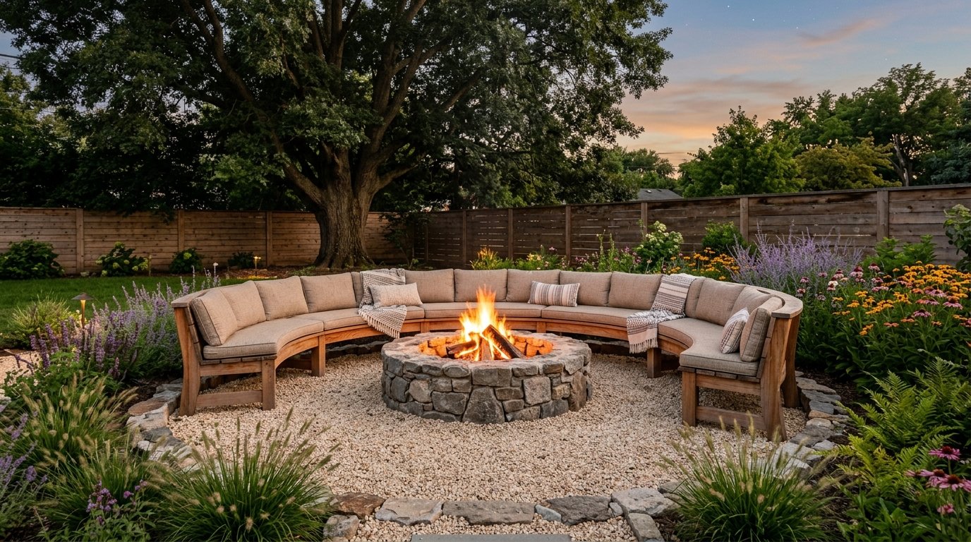 Continuous curved wooden bench wrapping around a central stone fire pit on a pea gravel gathering area
